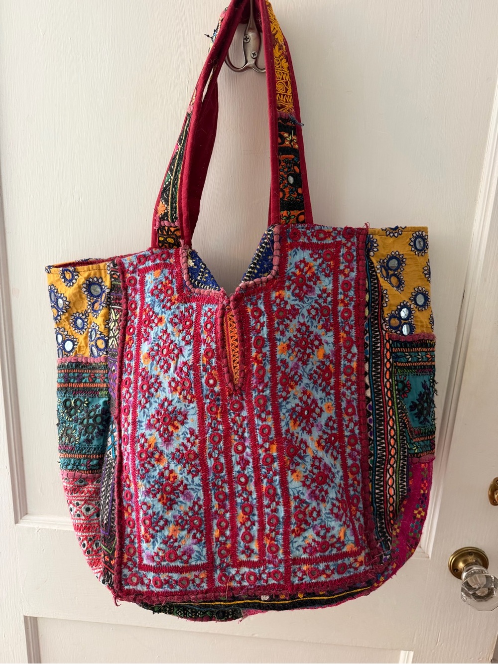 Embroidered Multicolor Tote Bag – Red & Turquoise